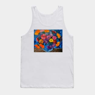 A beautiful bouquet flowers in a glass and gold vase . Using my favorite colors as vibrant background Using Acrylic and metallic paints. Tank Top